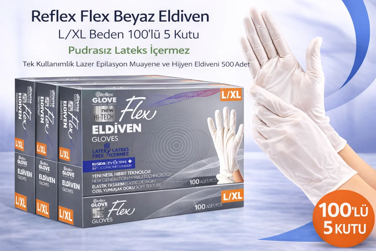 Reflex Flex Beyaz Eldiven L/XL Beden 100’lü 5 Kutu Pudrasız Lateks İçermez Tek Kullanımlık Lazer Epilasyon Muayene ve Hijyen Eldiveni 500 Adet