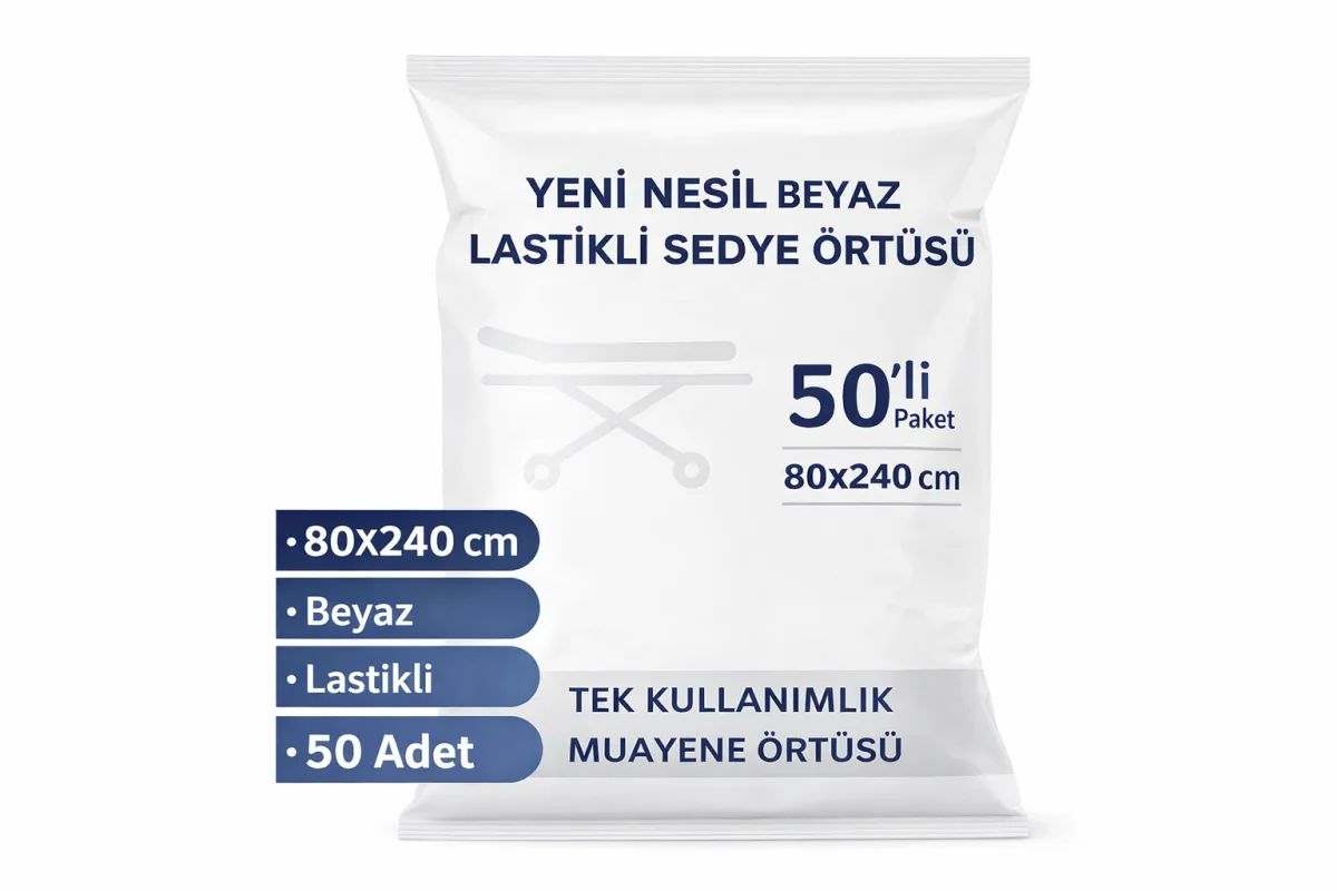 Yeni Nesil Beyaz Lastikli Sedye Örtüsü 50’li 1 Paket 80x240 cm Nonwoven Tek Kullanımlık Muayene Örtüsü