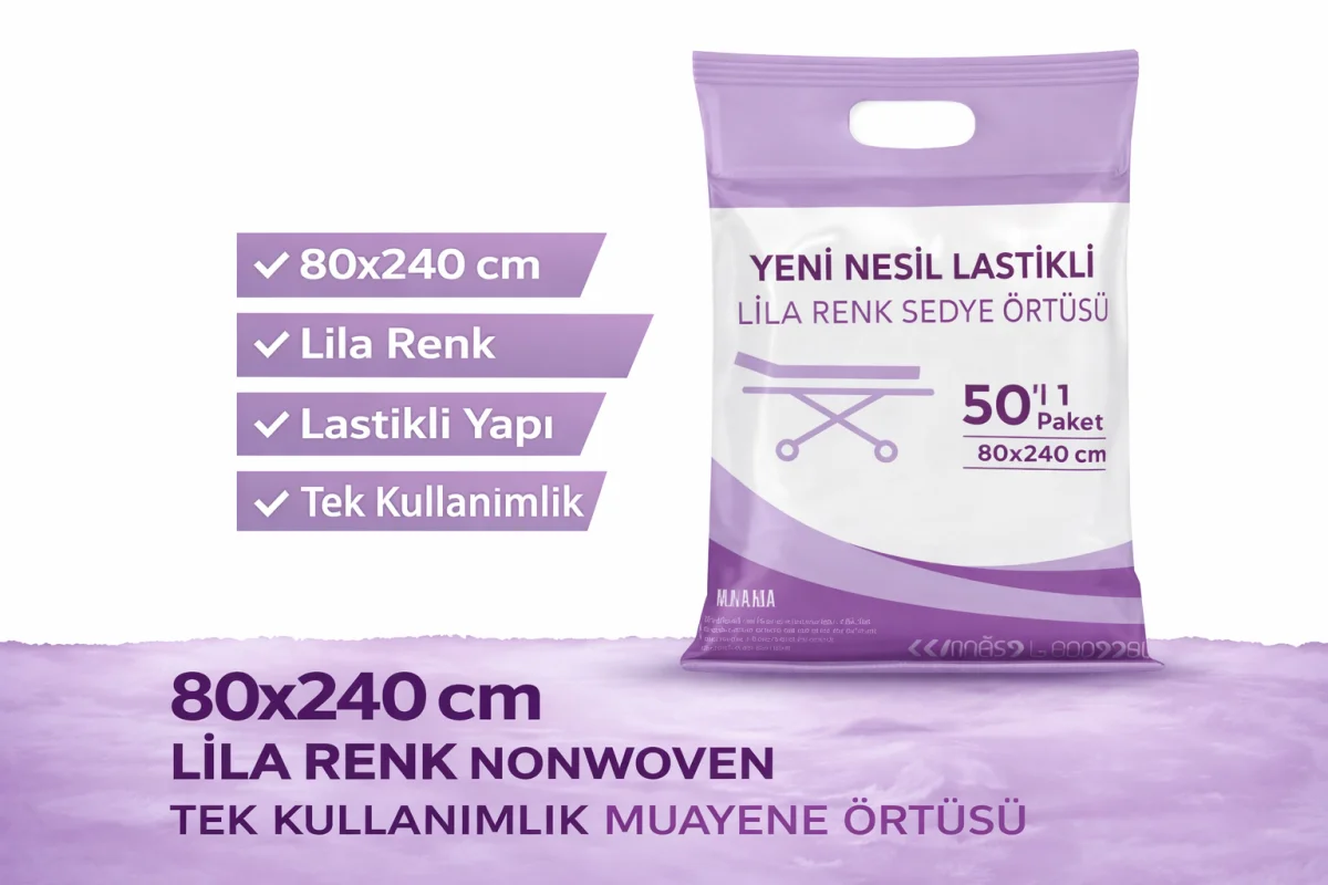 Yeni Nesil Lastikli Lila Renk Sedye Örtüsü 50’li 1 Paket 80x240 cm Nonwoven Tek Kullanımlık Muayene Örtüsü