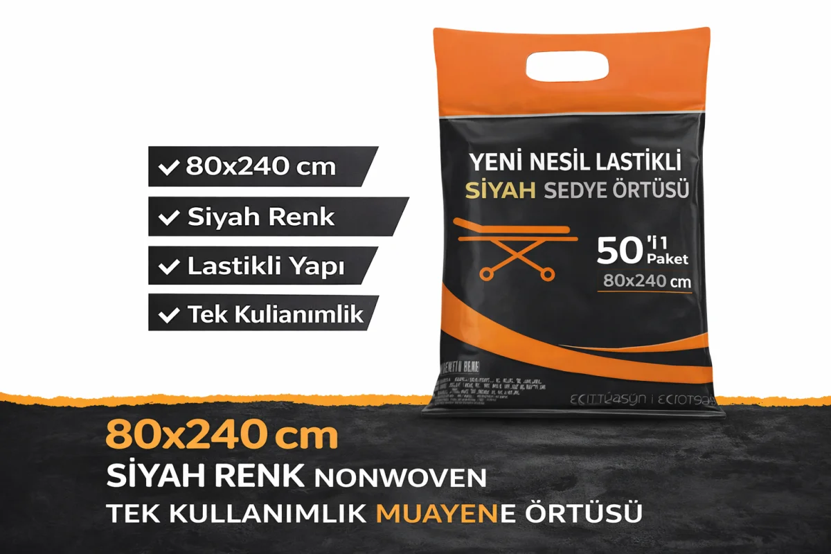 Yeni Nesil Lastikli Siyah Sedye Örtüsü 50’li 1 Paket 80x240 cm Nonwoven Tek Kullanımlık Muayene Örtüsü