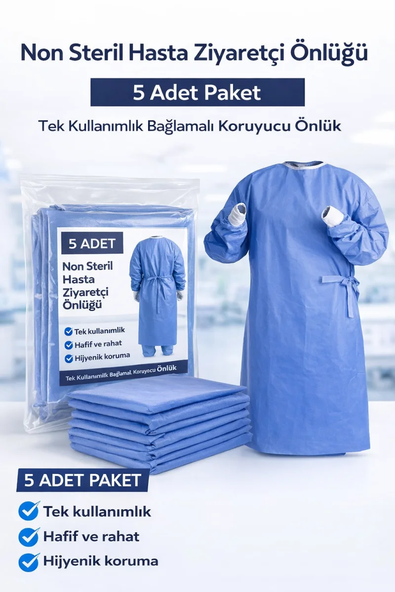 Non Steril Hasta Ziyaretçi Önlüğü 5 Adet – Tek Kullanımlık Bağlamalı Koruyucu Önlük