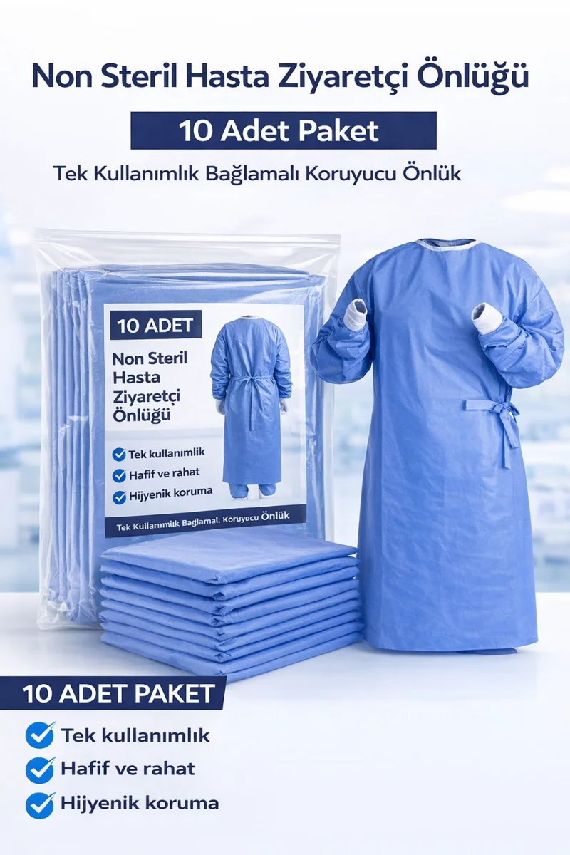 Non Steril Hasta Ziyaretçi Önlüğü 10 Adet – Tek Kullanımlık Bağlamalı Koruyucu Önlük