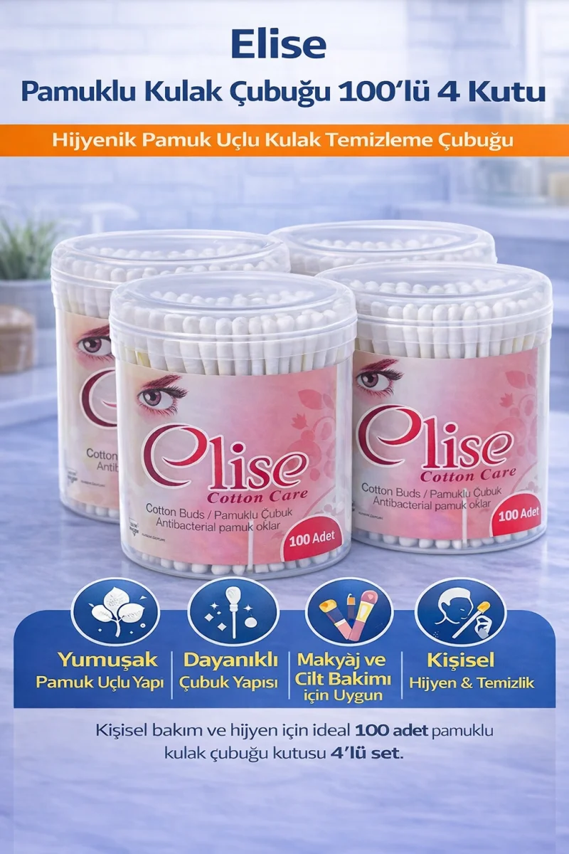 Elise Pamuklu Kulak Çubuğu 100'lü 4 Kutu Toplam 400 Adet Pamuk Uçlu Kulak Temizleme Çubuğu