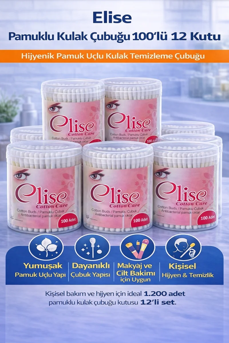 Elise Pamuklu Kulak Çubuğu 100'lü 12 Kutu Toplam 1200 Adet Pamuk Uçlu Kulak Temizleme Çubuğu Seti