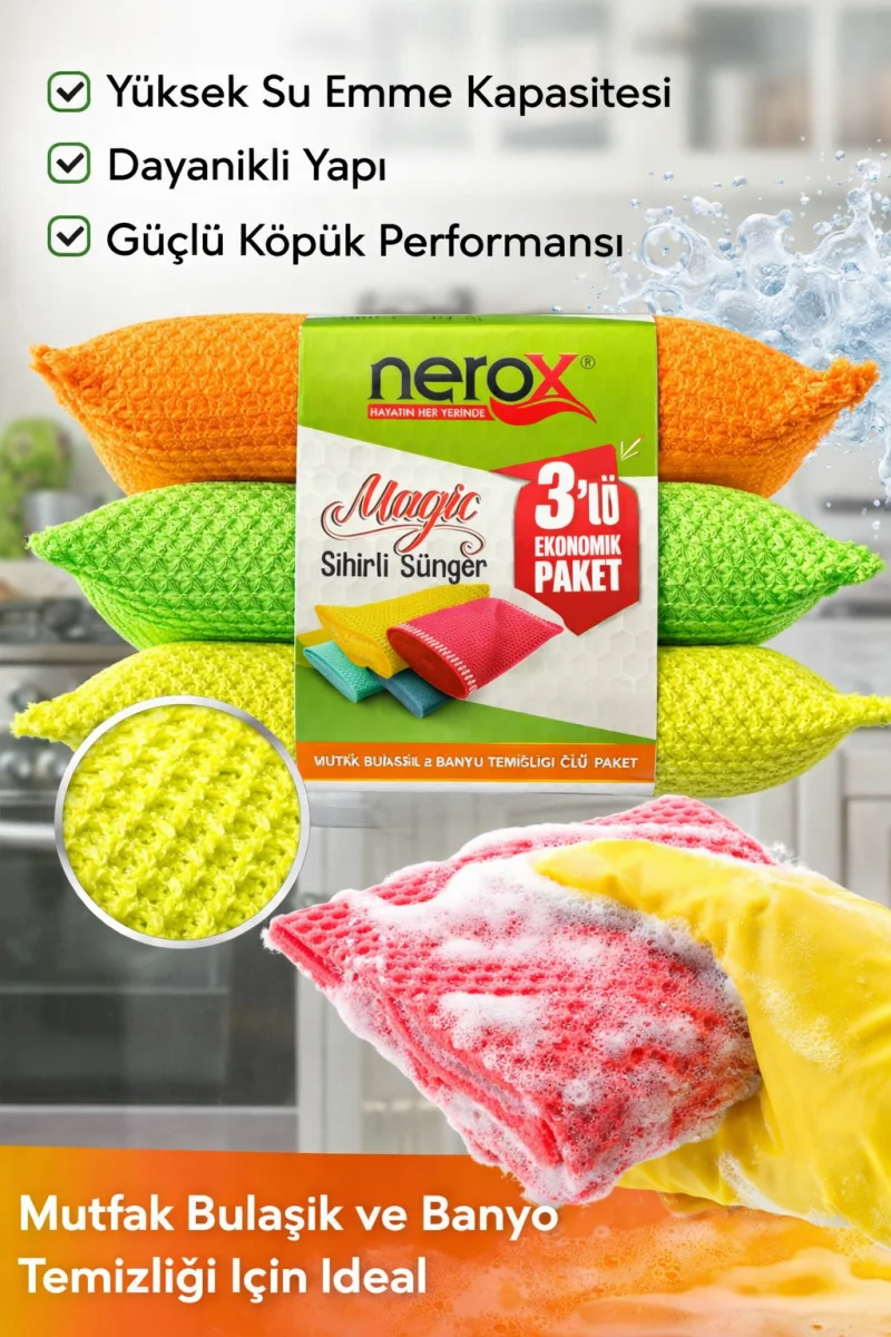 Nerox Magic Sihirli Sünger 3'lü 1 Paket Çok Amaçlı Temizlik Süngeri Bulaşık Mutfak Banyo Temizlik Süngeri