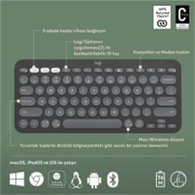 K380S  2 ÇOKLU CİHAZ ÖZELLİKLİ BLUETOOTH TÜRKÇE Q KLAVYE GRİ 920-011859