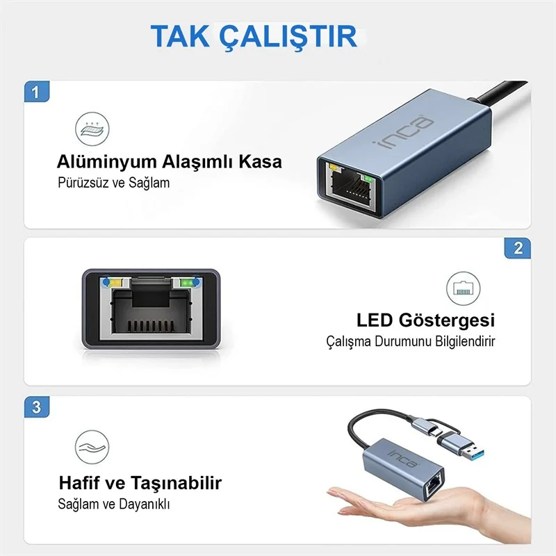 INCA IUTP-01T USB 3.0 TYPE-C 3.1 ETHERNET RJ45 1000MBPS ALUMINYUM KASA