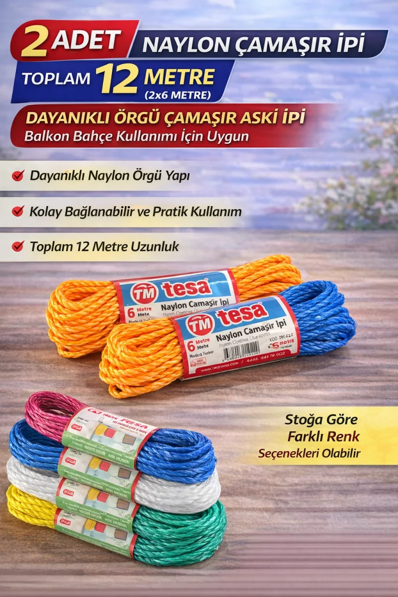 2 Adet Naylon Çamaşır İpi 6 Metre Dayanıklı Örgü Çamaşır Askı İpi Toplam 12 Metre