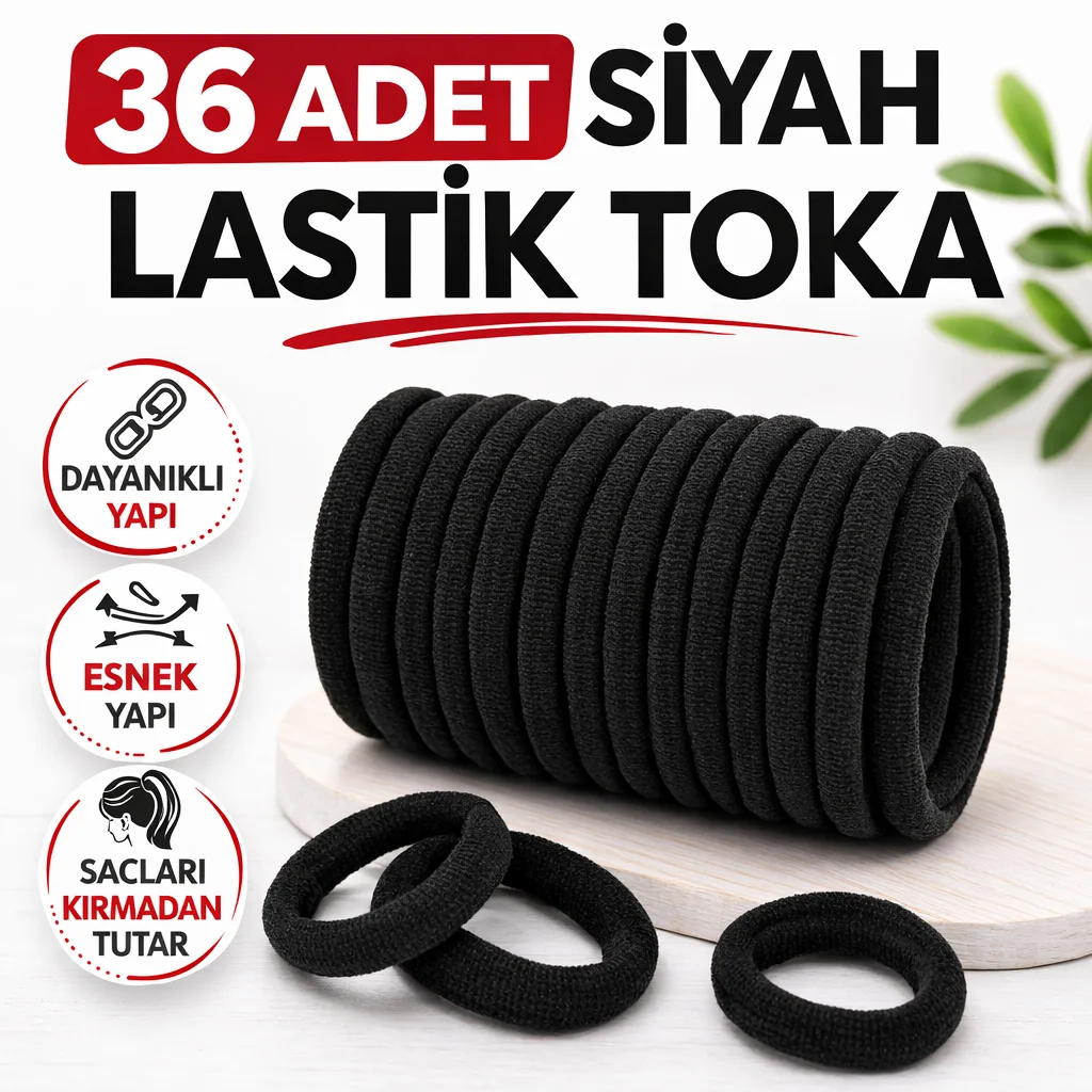 36 Adet Siyah Lastik Toka Kalın Saç Lastiği Dayanıklı Esnek Saç Toplama Tokası Kadın ve Kız Çocuk Saç Aksesuarı Çoklu Paket