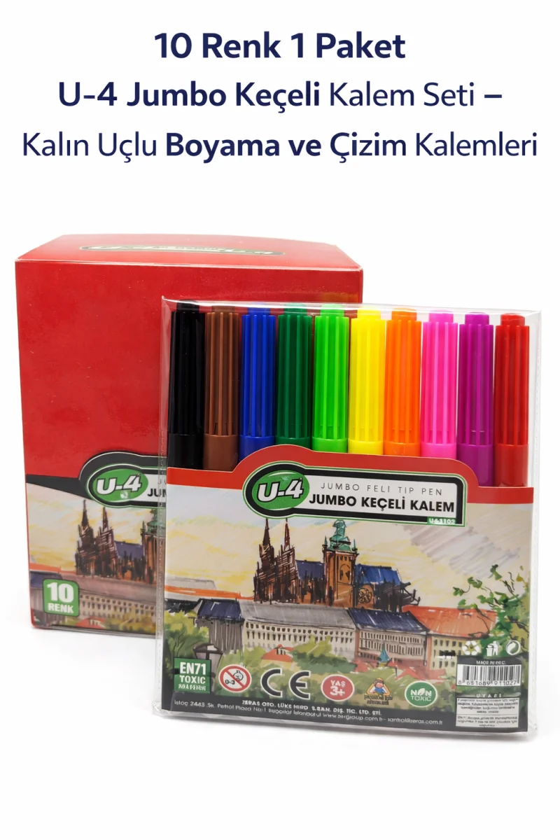 U-4  Keçeli Kalem Seti 10 Renk – Kalın Uçlu Boyama ve Çizim Kalemi Seti (1 Paket)