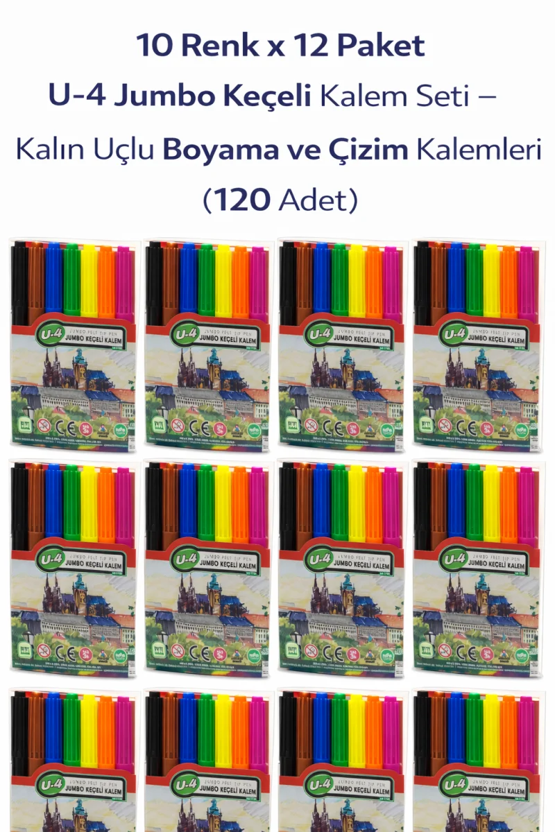 U-4  Keçeli Kalem 10 Renk x 12 Paket – Kalın Uçlu Boyama ve Çizim Kalemi Seti (120 Adet)