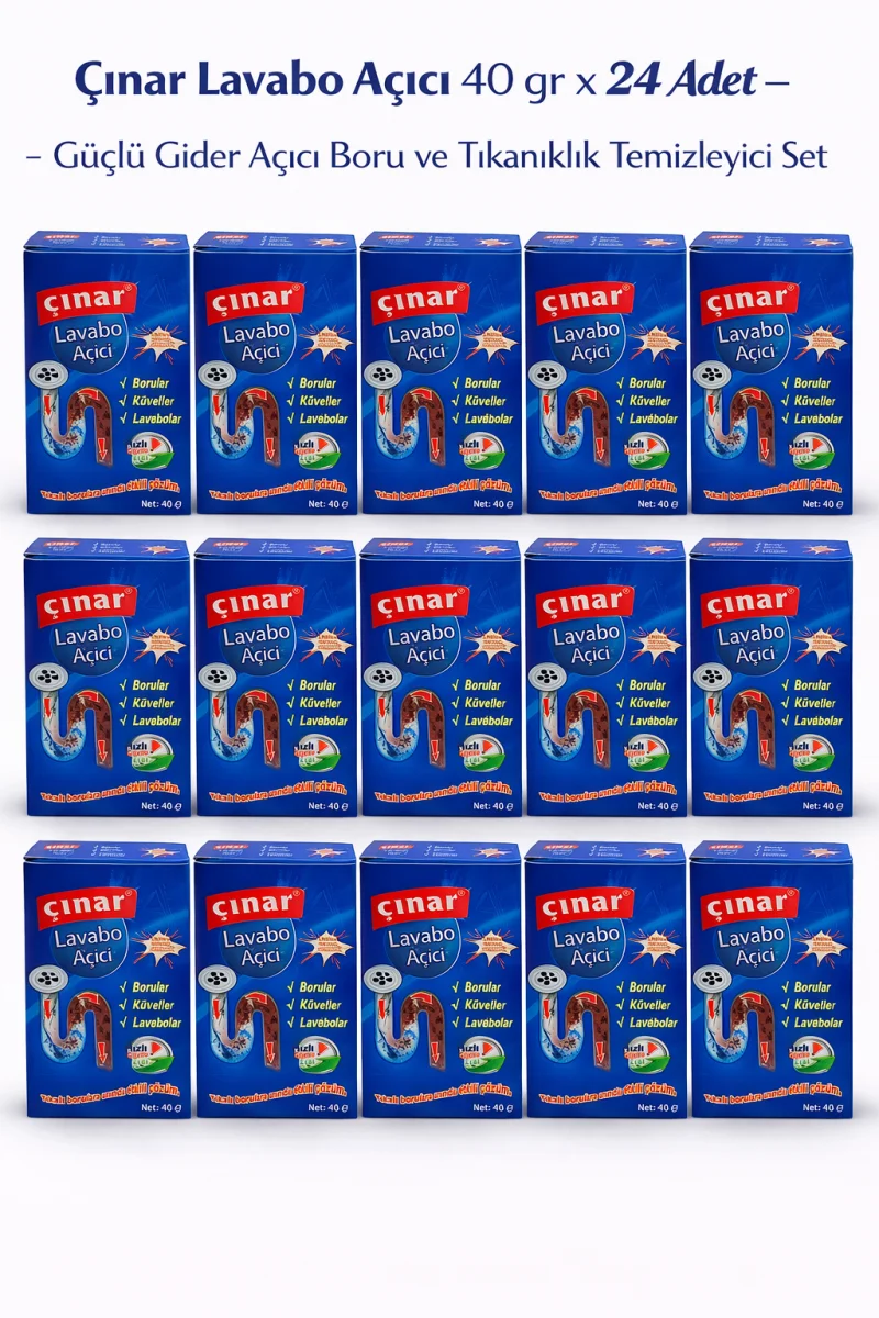Çınar Lavabo Açıcı 40 gr x 24 Adet – Profesyonel Güçlü Gider Açıcı Tıkanıklık Temizleyici Set
