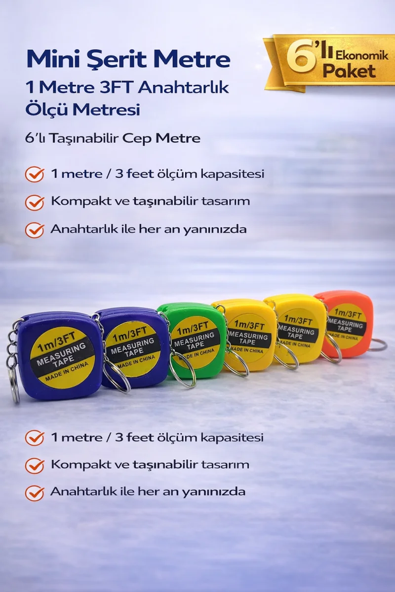 Mini Şerit Metre 1 Metre 3FT Anahtarlık Ölçü Metresi Taşınabilir Cep Metre 6 Adet