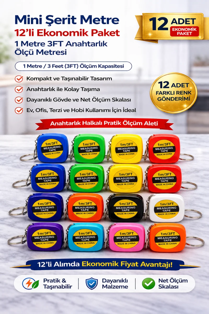 Mini Şerit Metre 1 Metre 3FT Anahtarlık Ölçü Metresi Taşınabilir Cep Metre 12 Adet