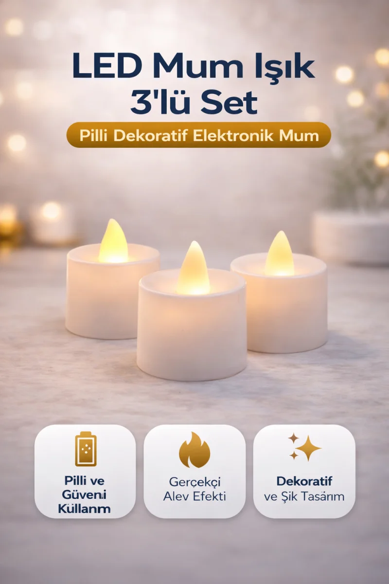 LED Mum Işık 3’lü Set Pilli Dekoratif Elektronik Mum Flicker Alev Efektli 1 Paket