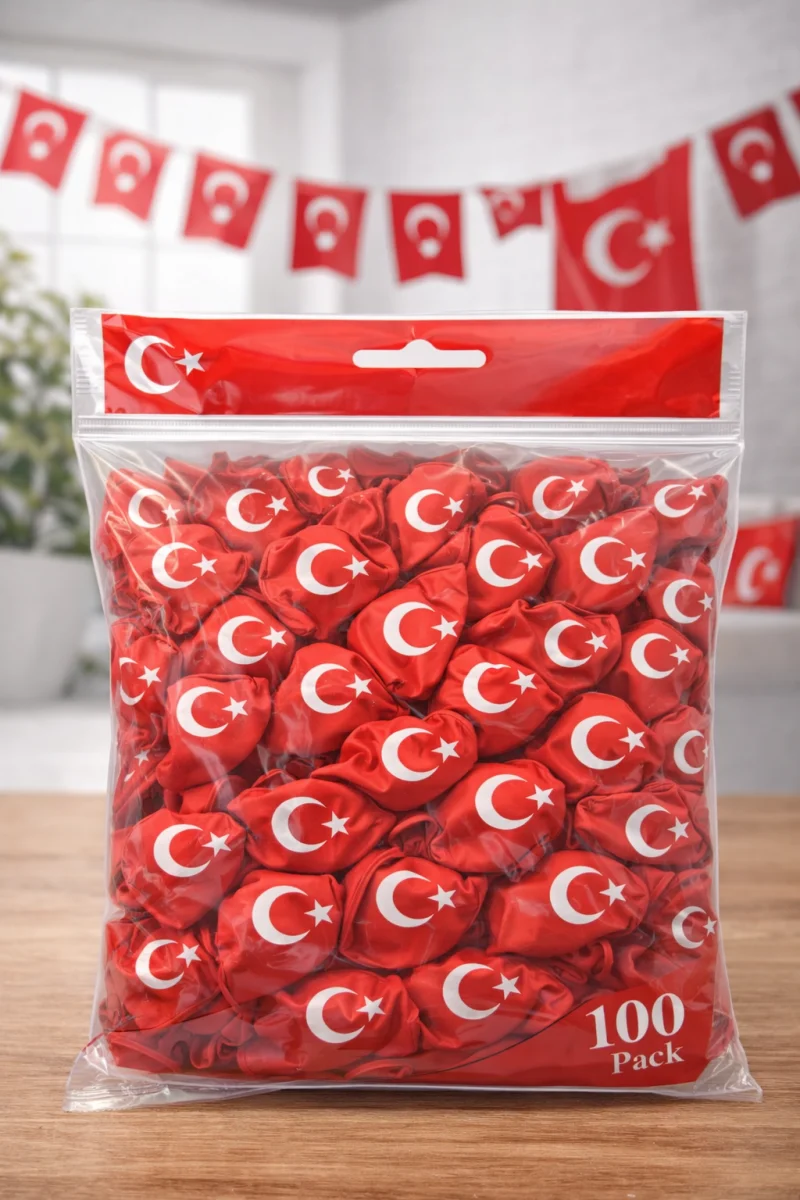 Ayyıldızlı Kırmızı Balon Seti Türk Bayraklı Parti Balonu Dayanıklı Latex Balon 100 Adet