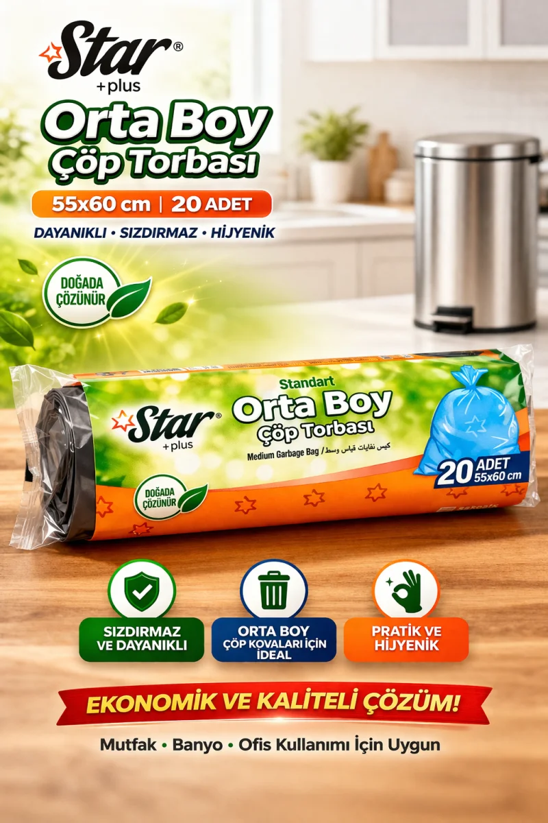 Star Plus Orta Boy Çöp Torbası 20'li 1 Paket 55x60 cm Dayanıklı Sızdırmaz Orta Boy Çöp Poşeti