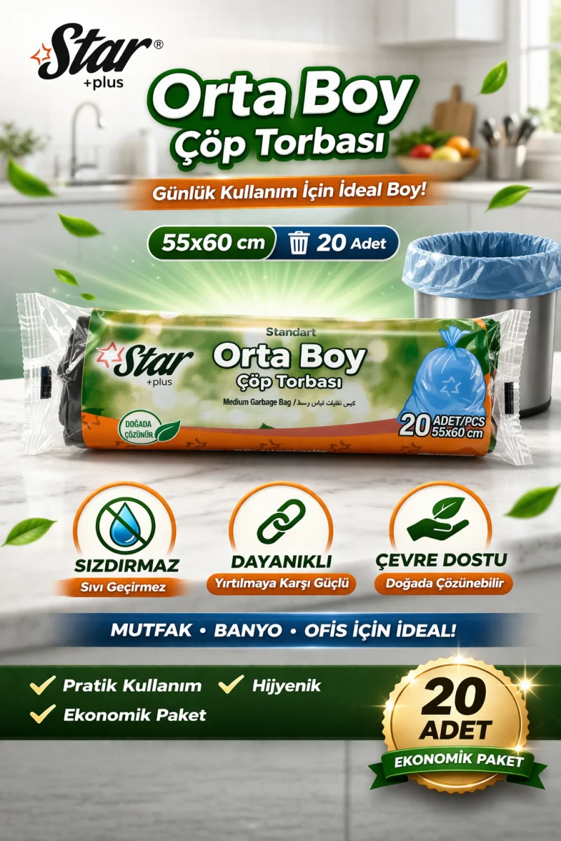 Star Plus Orta Boy Çöp Torbası 20'li 1 Paket 55x60 cm Dayanıklı Sızdırmaz Orta Boy Çöp Poşeti