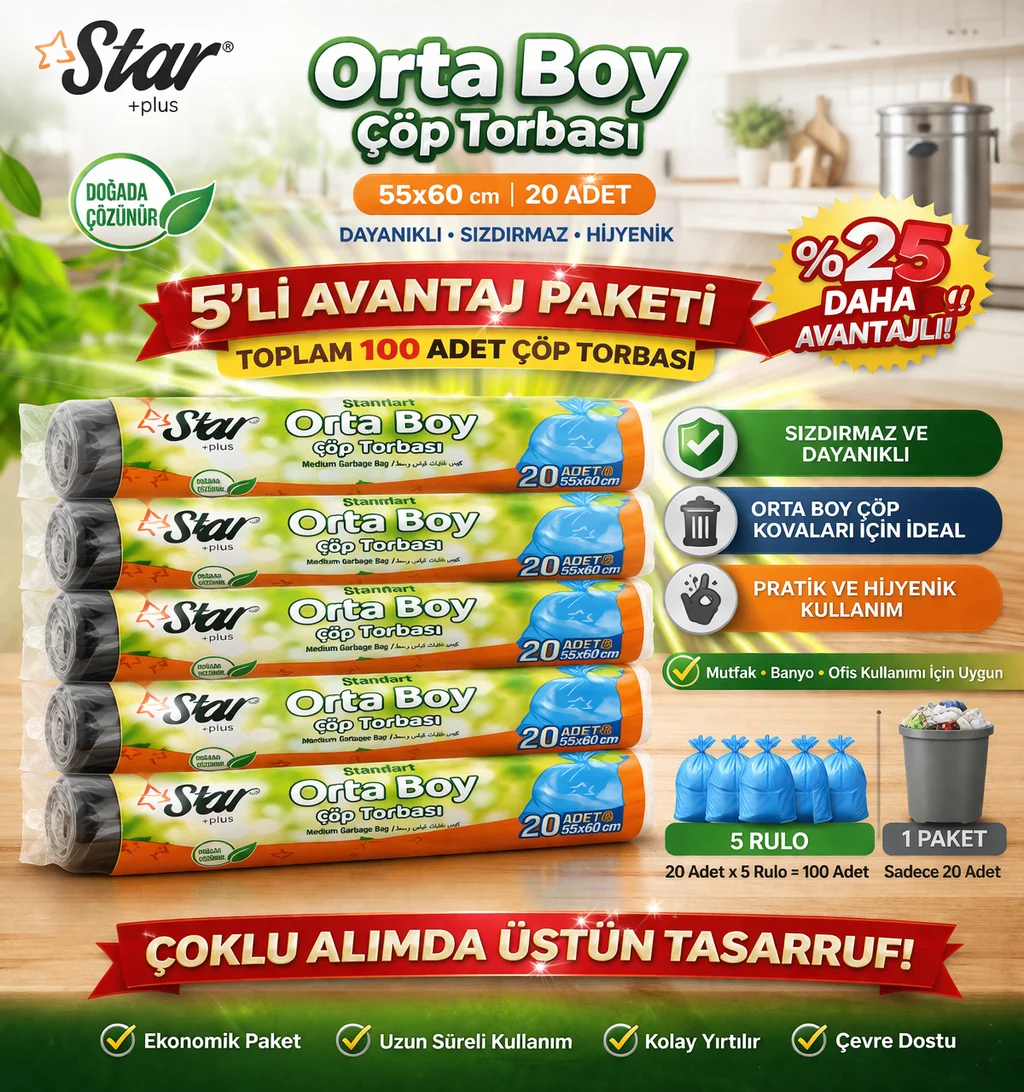 Star Plus Orta Boy Çöp Torbası 20'li 5 Paket 55x60 cm Dayanıklı Sızdırmaz Orta Boy Çöp Poşeti