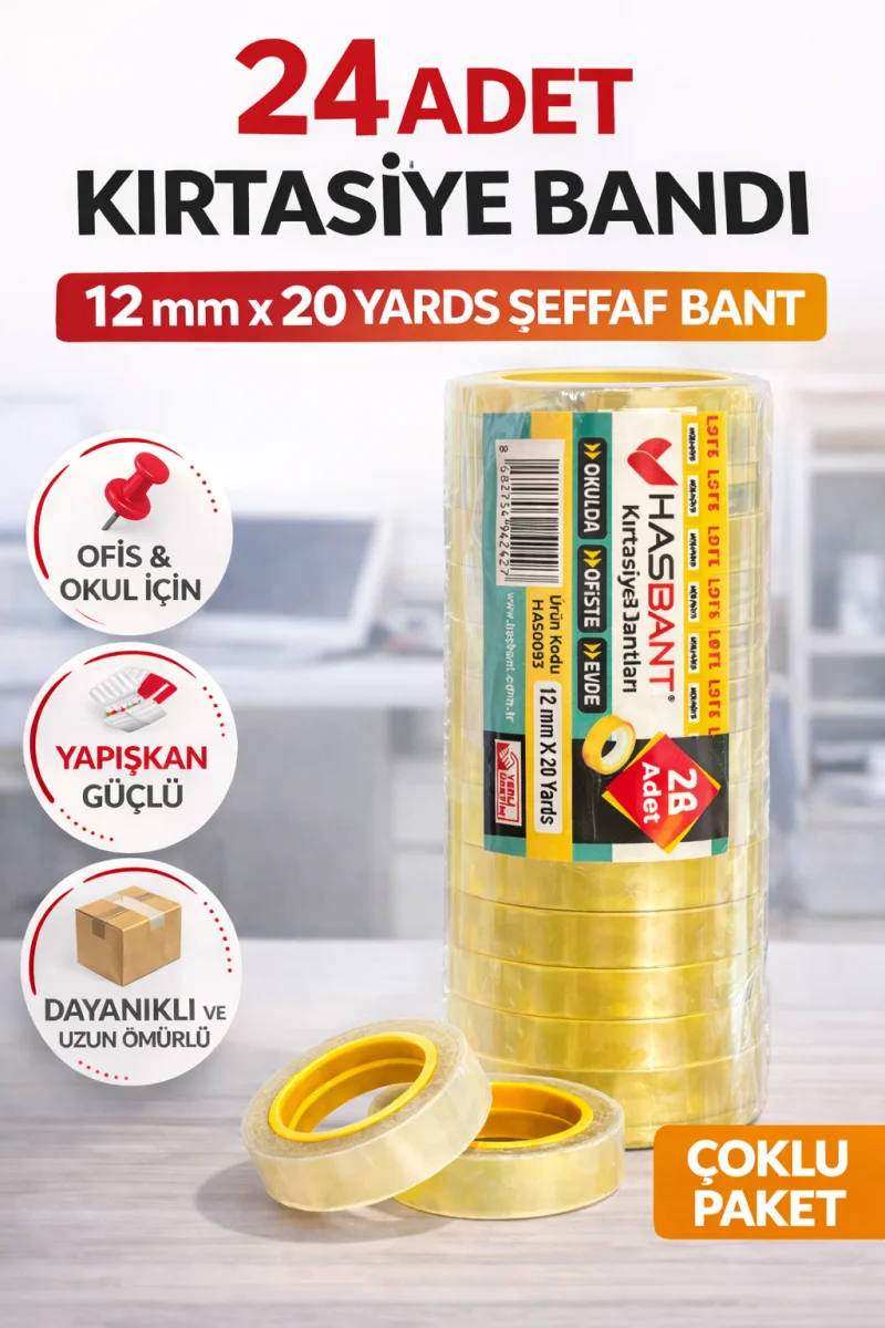 24 Adet Kırtasiye Bandı 12 mm x 20 Yards Şeffaf Bant Güçlü Yapışkan Ofis Okul Ev Kullanımı Bant Seti