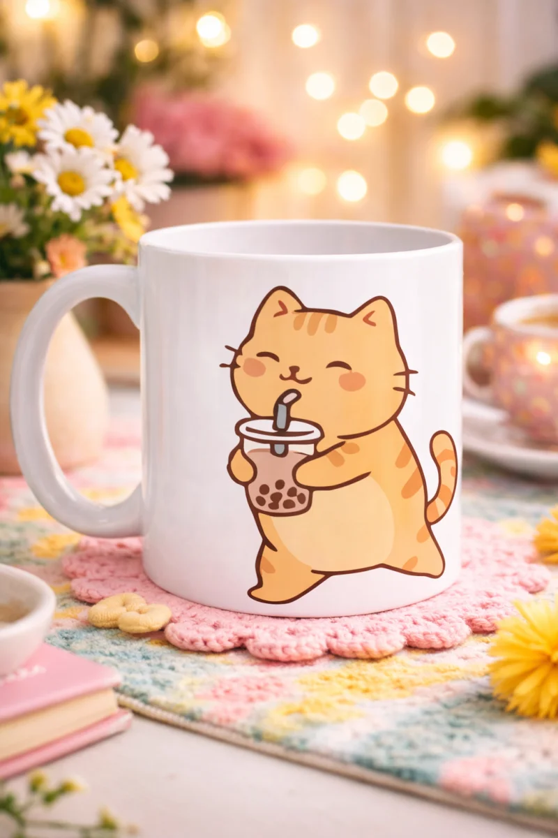 Sevimli Kedi Bubble Tea Tasarımlı Porselen Kupa MODEL 192 – Boba Çayı İçen Kedi Kahve Kupası – Kedi Severlere Hediyelik Kupa Bardak