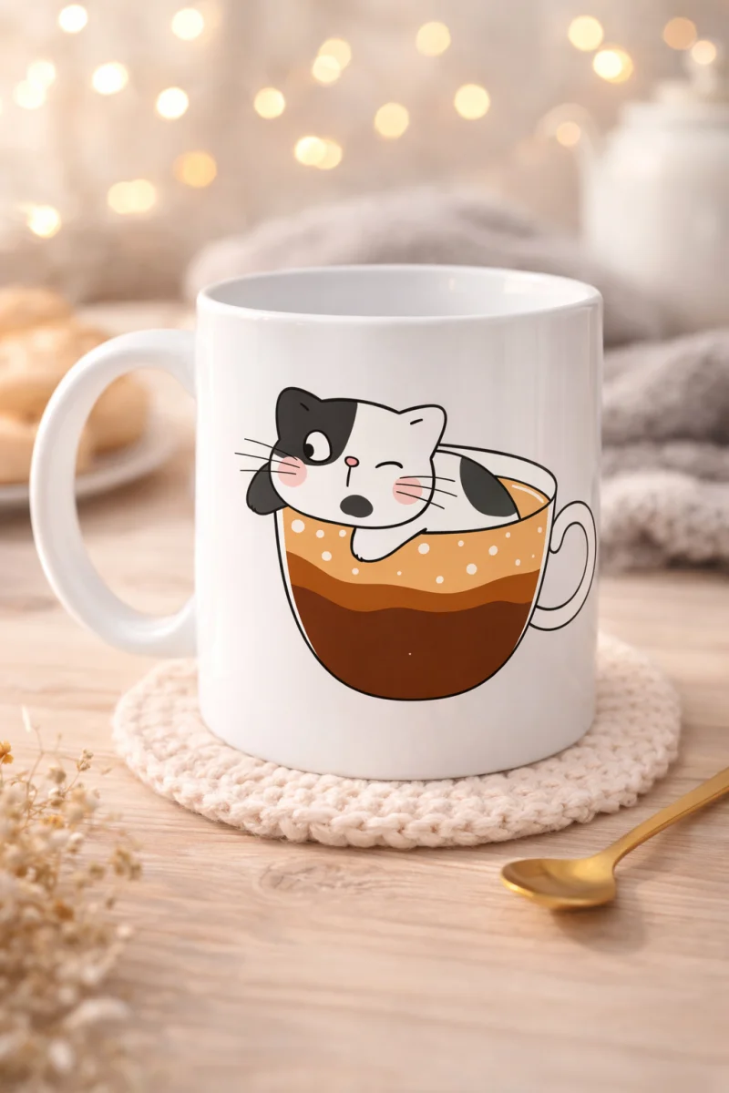 Sevimli Kedi Tasarımlı Porselen Kupa MODEL 195 – Kahve İçinde Kedi Baskılı Porselen Kahve Kupası – Kedi Severler İçin Hediyelik Porselen Kupa Bardak 330 ml