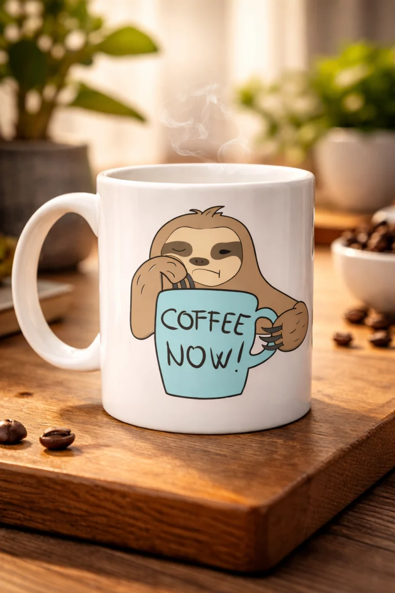 Tembel Hayvan Coffee Now Baskılı Porselen Kupa MODEL 197 – Eğlenceli Kahve Kupası – Ofis ve Ev Kullanımı İçin Sevimli Tasarım Kupa Bardak