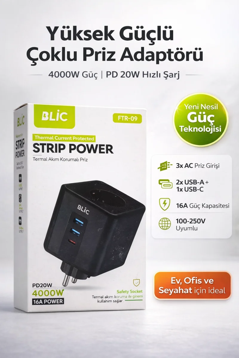 Blic FTR-09 Akım Korumalı Çoklu Priz 4000W 16A USB ve Type-C Hızlı Şarj Özellikli Çoklayıcı Priz
