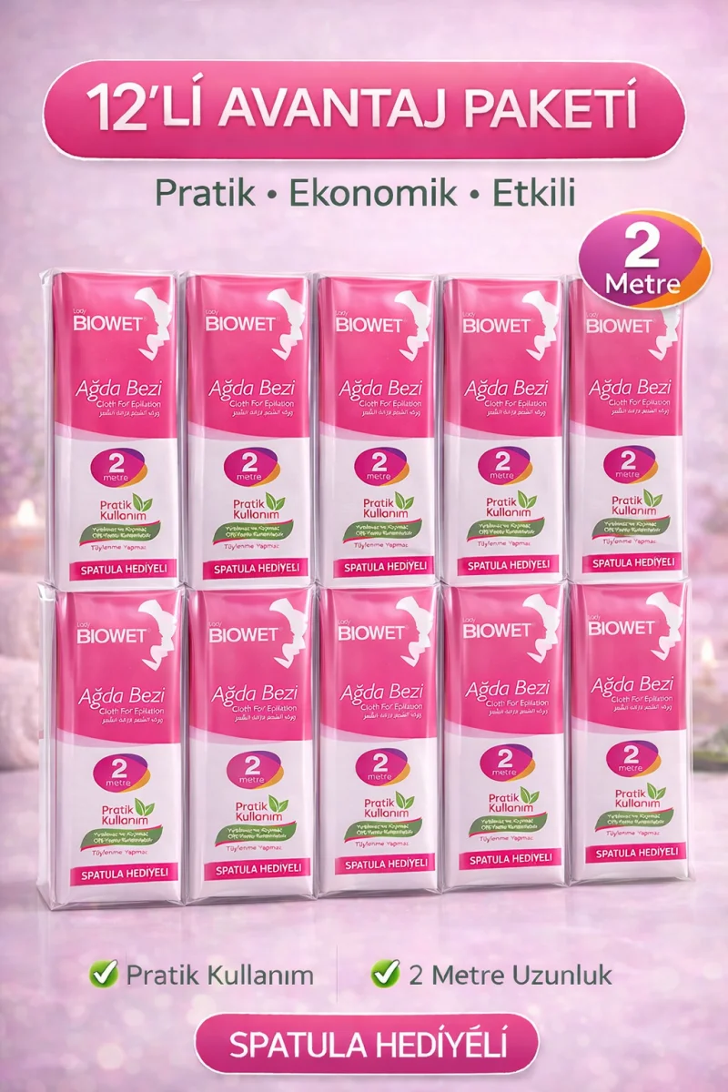 Biowet Ağda Bezi 2 Metre Spatula Hediyeli Epilasyon Bezi Dayanıklı Tüy Dökme Bezi 12 Paket