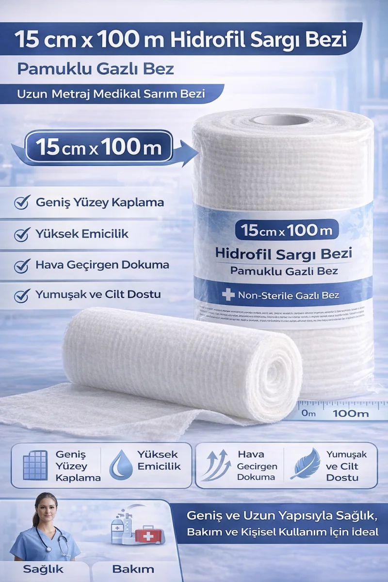 15 cm x 100 m Hidrofil Sargı Bezi Pamuklu Gazlı Bez Uzun Metraj Medikal Sarım Bezi