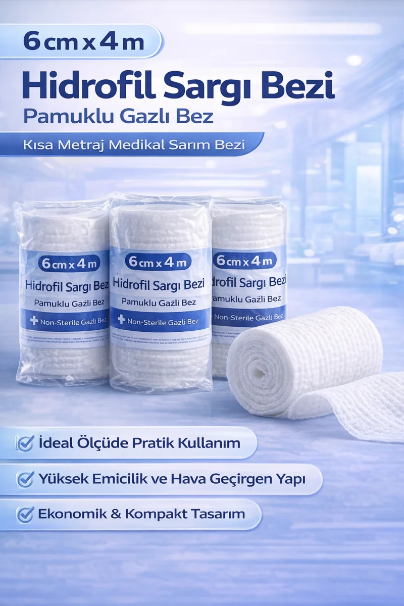 6 cm x 4 m Hidrofil Sargı Bezi Pamuklu Gazlı Bez Kısa Metraj Medikal Sarım Bezi 10 Adet