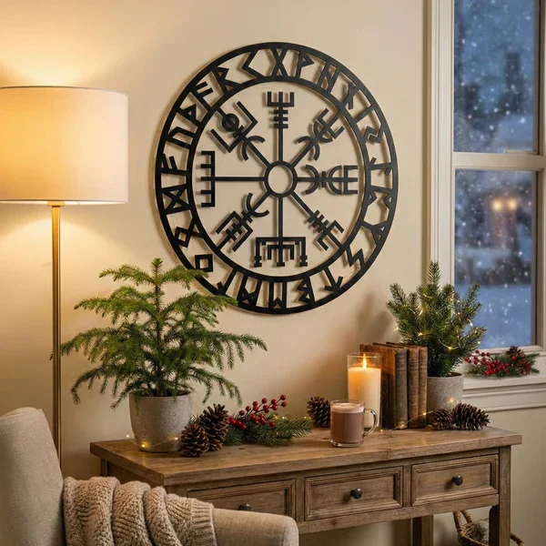 Viking Pusulası Vegvisir Duvar Tablosu MDF Lazer Kesim Nordik Duvar Süsü Modern Dekor