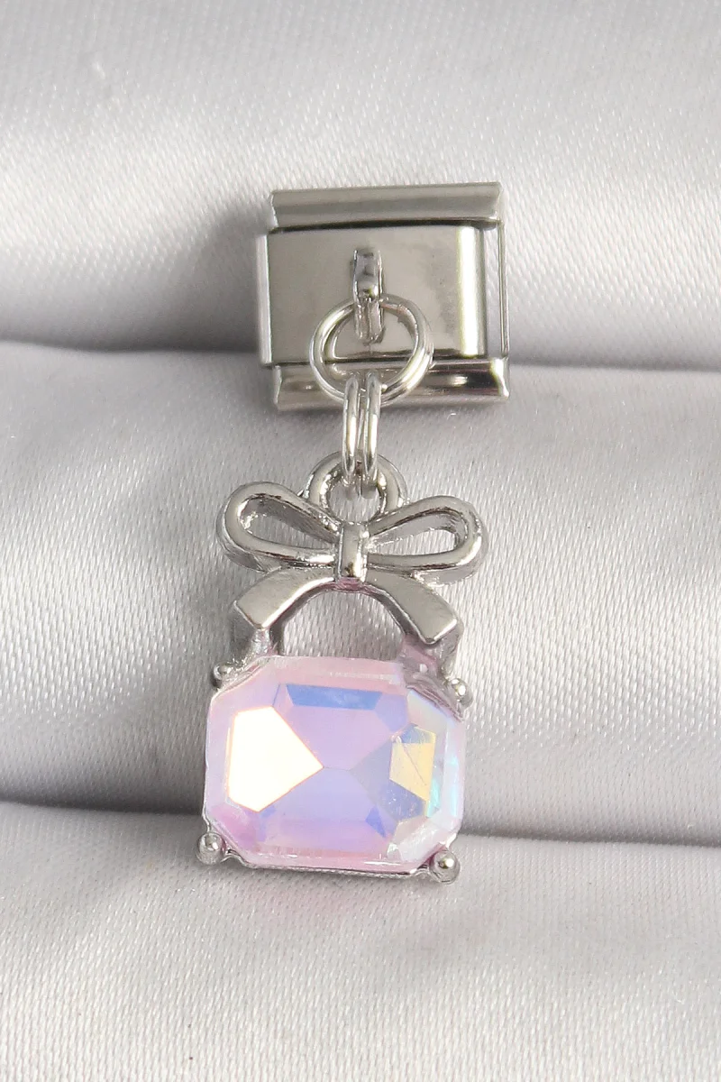 316L Çelik Gümüş Renk Pembe Zirkon Taşlı Çanta Model Charm