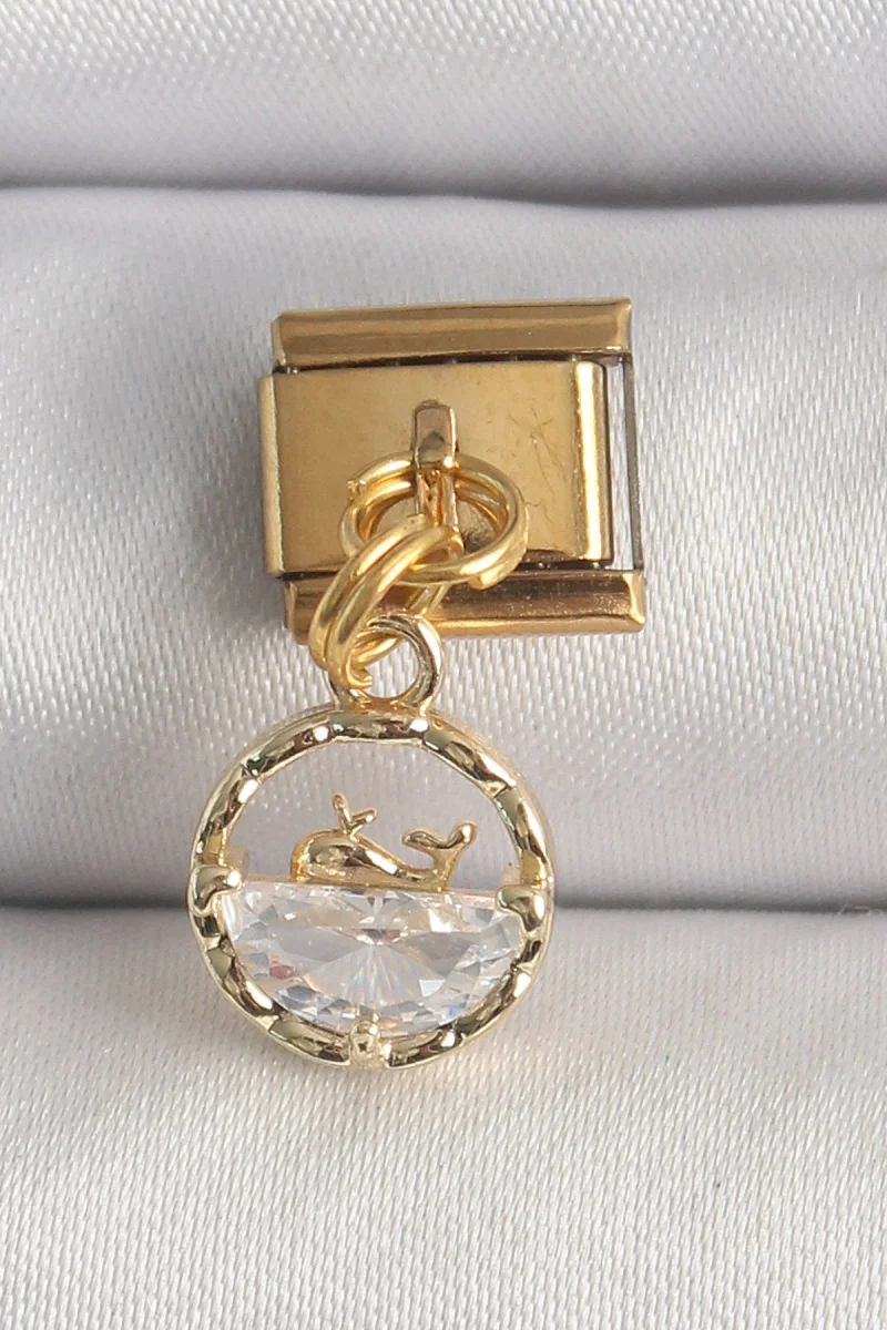 316L Çelik Gold Renk Sallantı Zirkon Taşlı Balina Model Charm