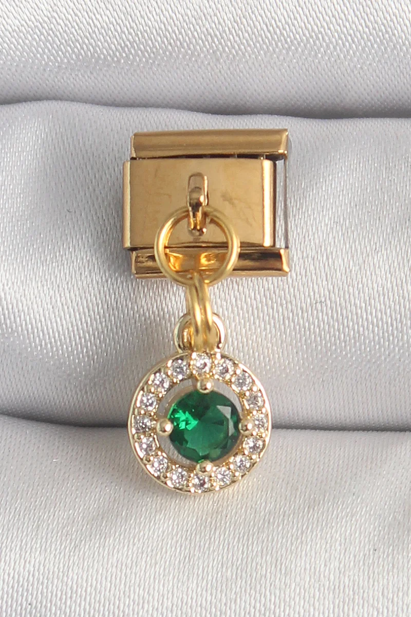 316L Çelik Gold Renk Sallantı Yeşil Zirkon Taşlı Charm