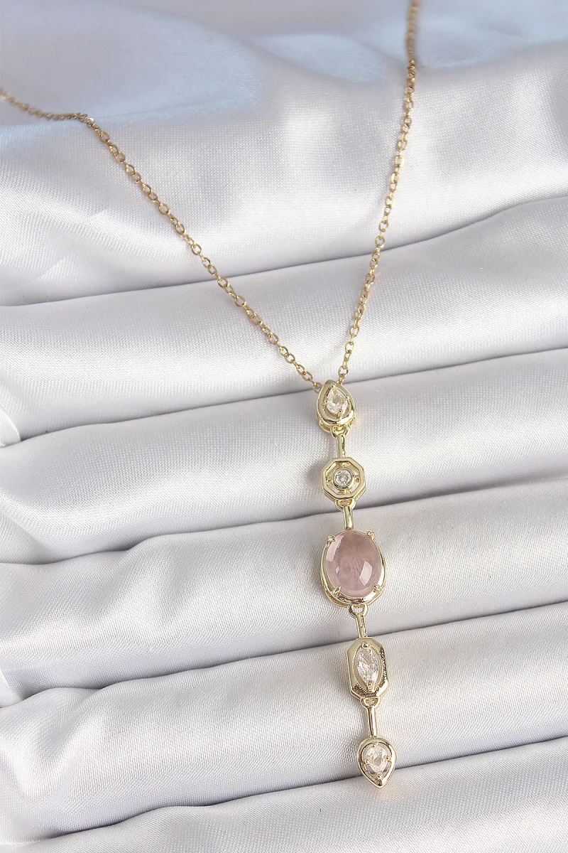 316L Çelik Zincir Gold Renk Pembe Zirkon Taşlı Y Kolye