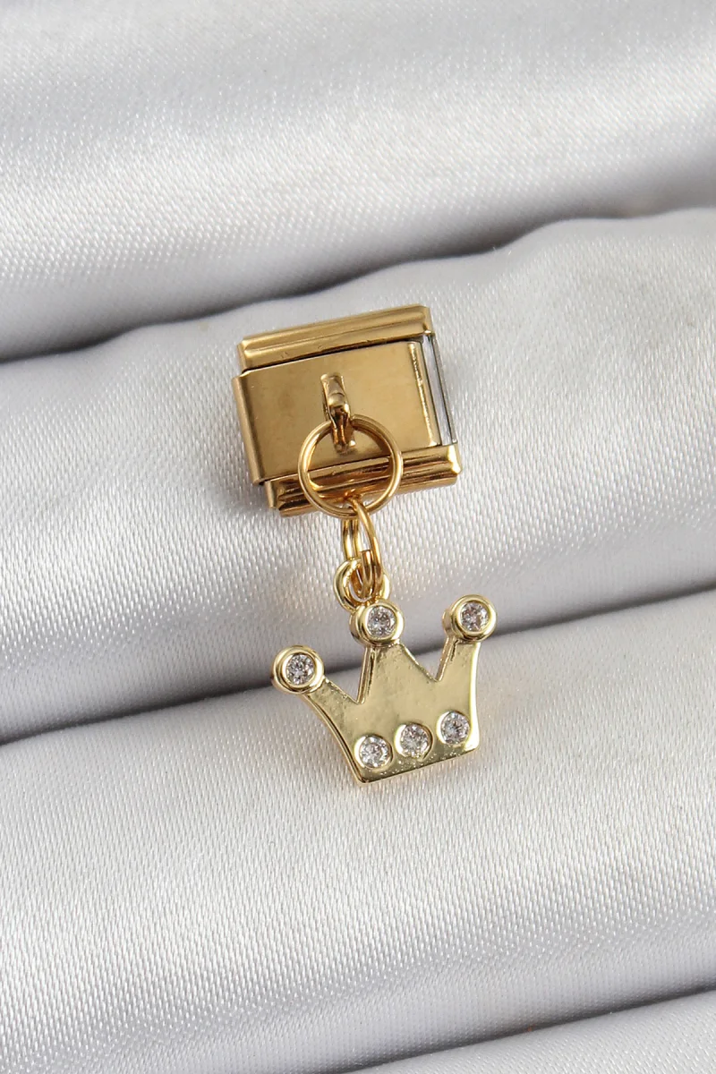 316L Çelik Sallantılı Zirkon Taşlı Kraliçe Tacı Model Gold Renk Charm