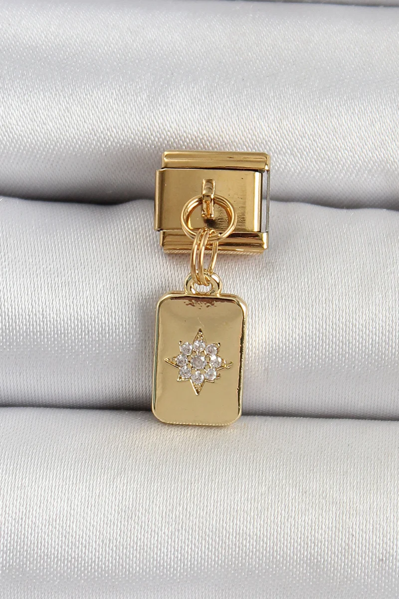 316L Çelik Sallantılı Zirkon Taşlı Kutup Yıldızı Figürlü Dikdörtgen Model Gold Renk Charm