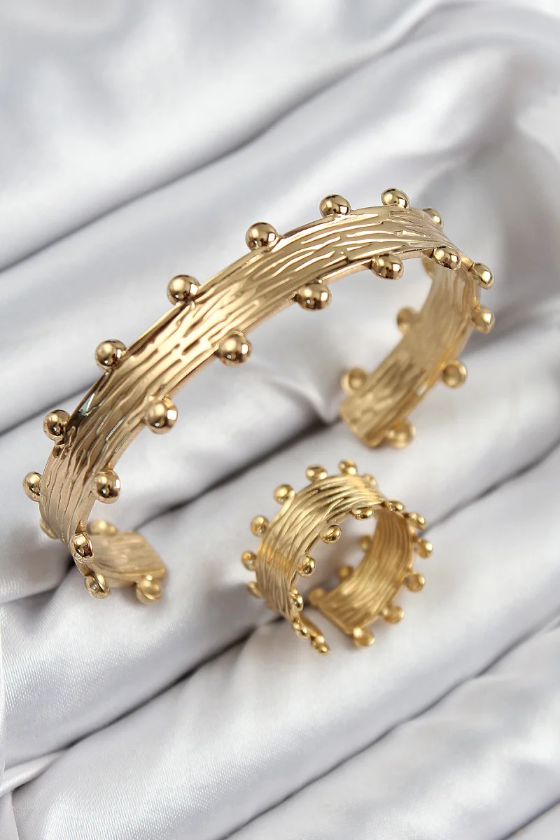 Pirinç Topcuk Model Gold Renk Bileklik Yüzük Set