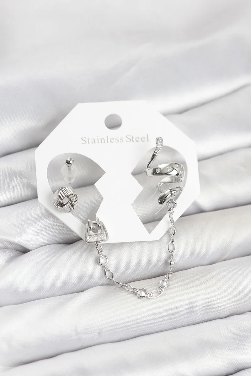 Pirinç Gümüş Renk Yılan Model Zincir Bağlantılı Ear Cuff Küpe Seti