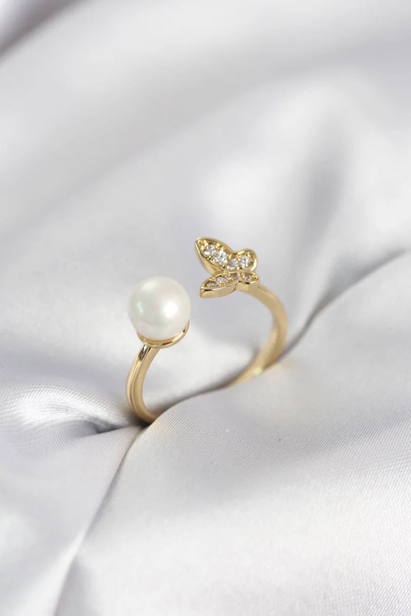 Kelebek İncili Model Gold Renk Zirkon Taşlı Kadın Yüzük