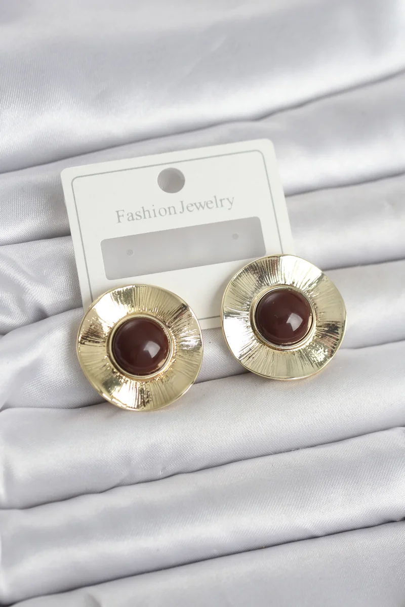 Vintage Model Kahverengi Gold Renk Pirinç Kadın Küpe