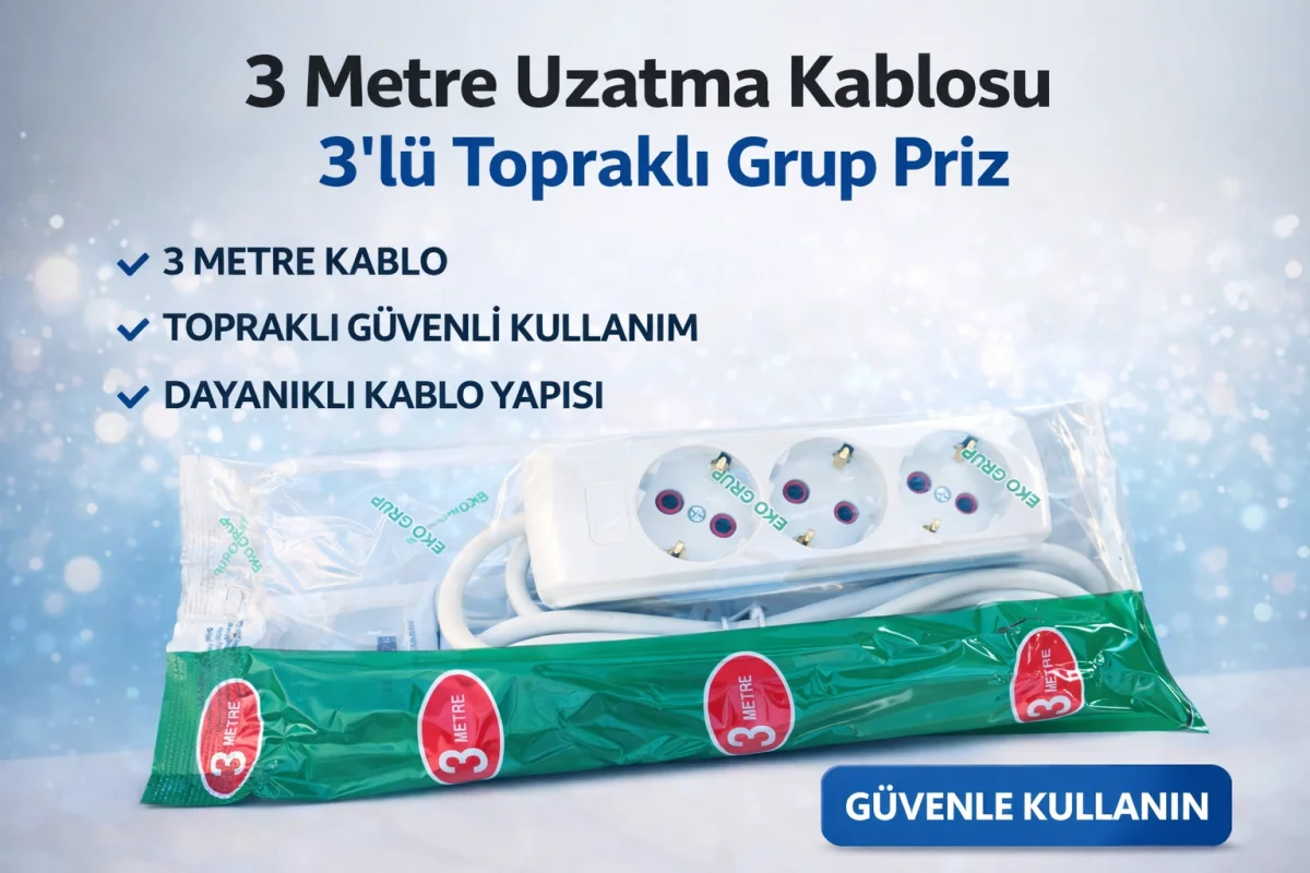 3 Metre Uzatma Kablosu 3’lü Topraklı Grup Priz 16A Dayanıklı Kablo