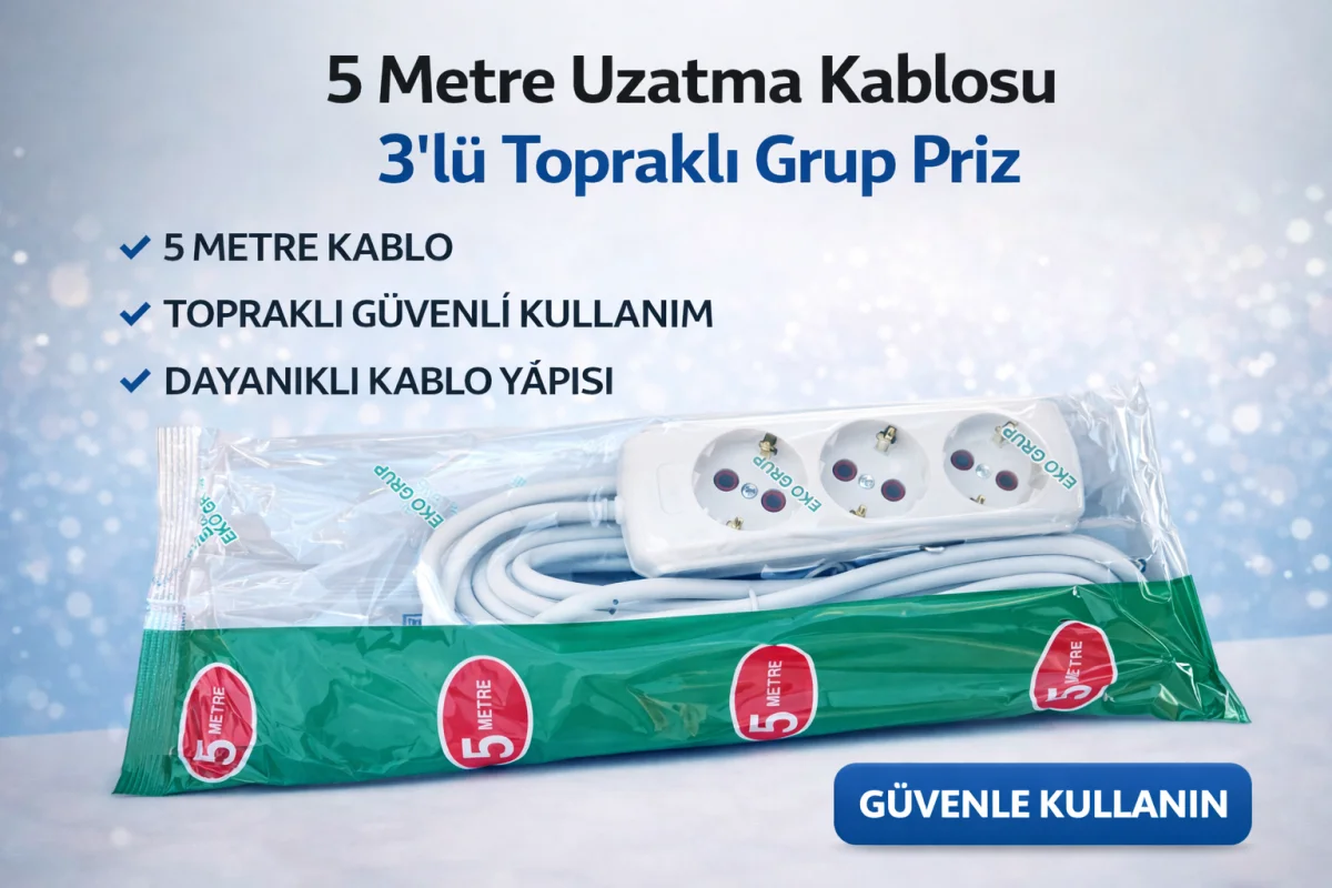 5 Metre Uzatma Kablosu 3’lü Topraklı Grup Priz 16A Dayanıklı Kablo