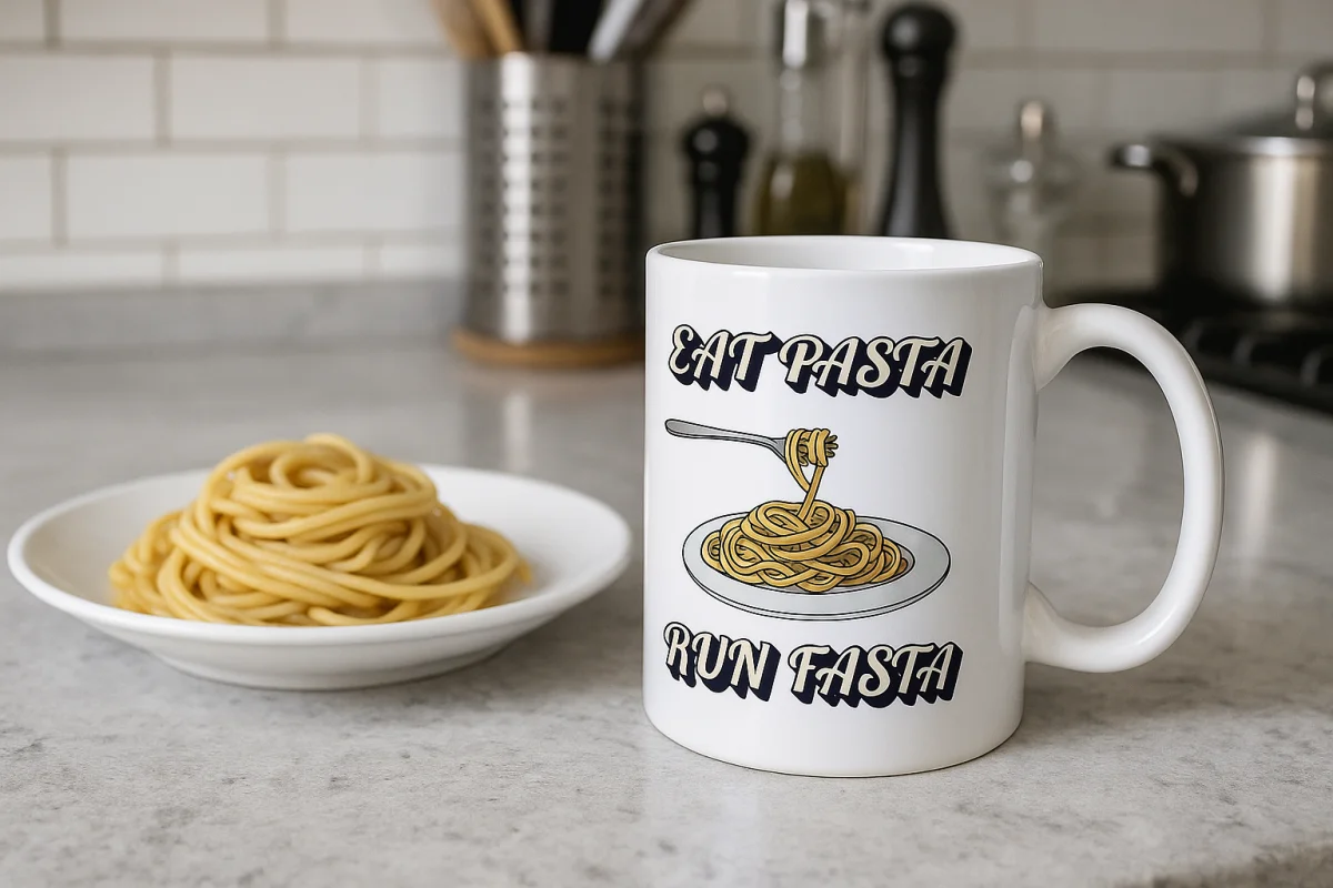 Eat Pasta Run Fasta Yazılı Kupa Model 209 Makarna Temalı Komik Tasarım Seramik Kahve Kupası