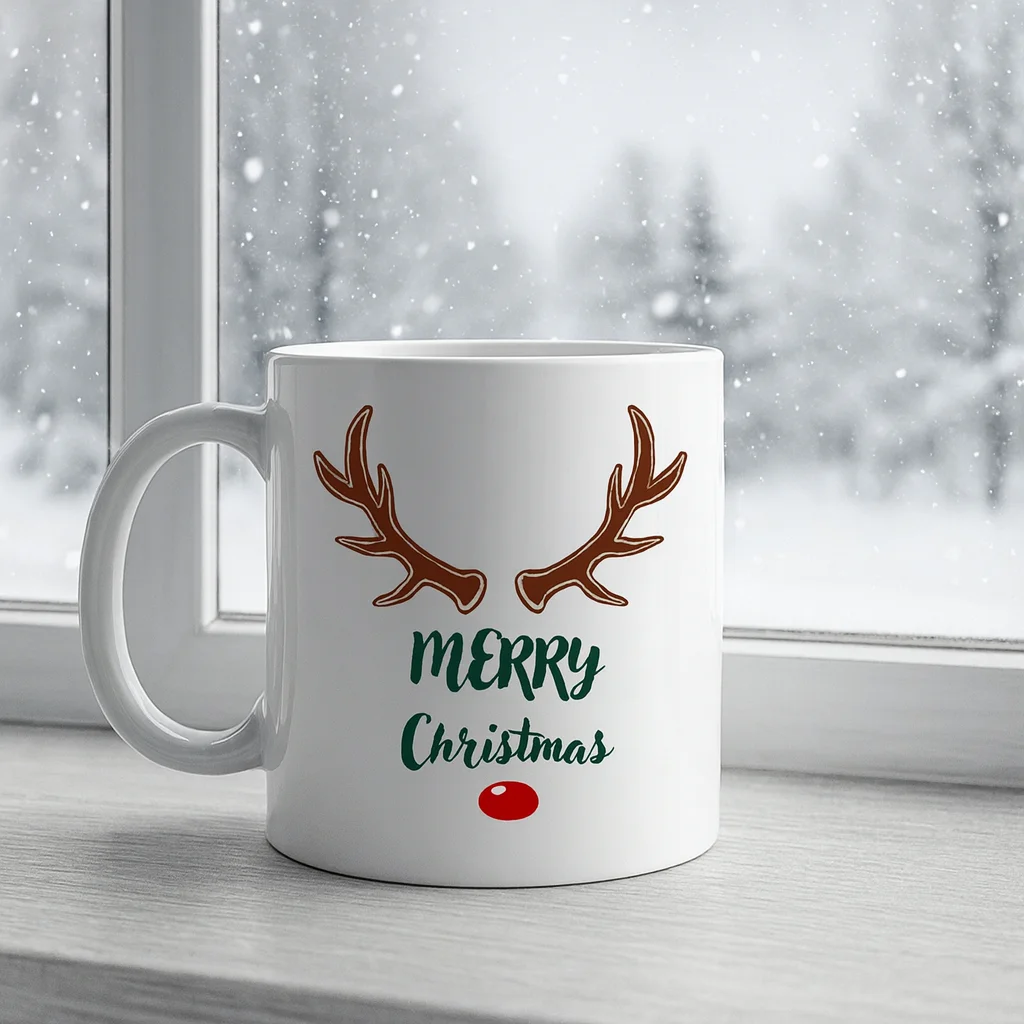 Merry Christmas Yazılı Geyik Boynuzlu Yılbaşı Kupası Model 212 Baskılı Seramik Kahve Kupası