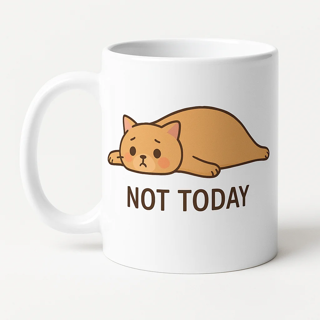 Not Today Yazılı Sevimli Kedi Tasarımlı Kupa Model 217 Baskılı Seramik Kahve Kupası