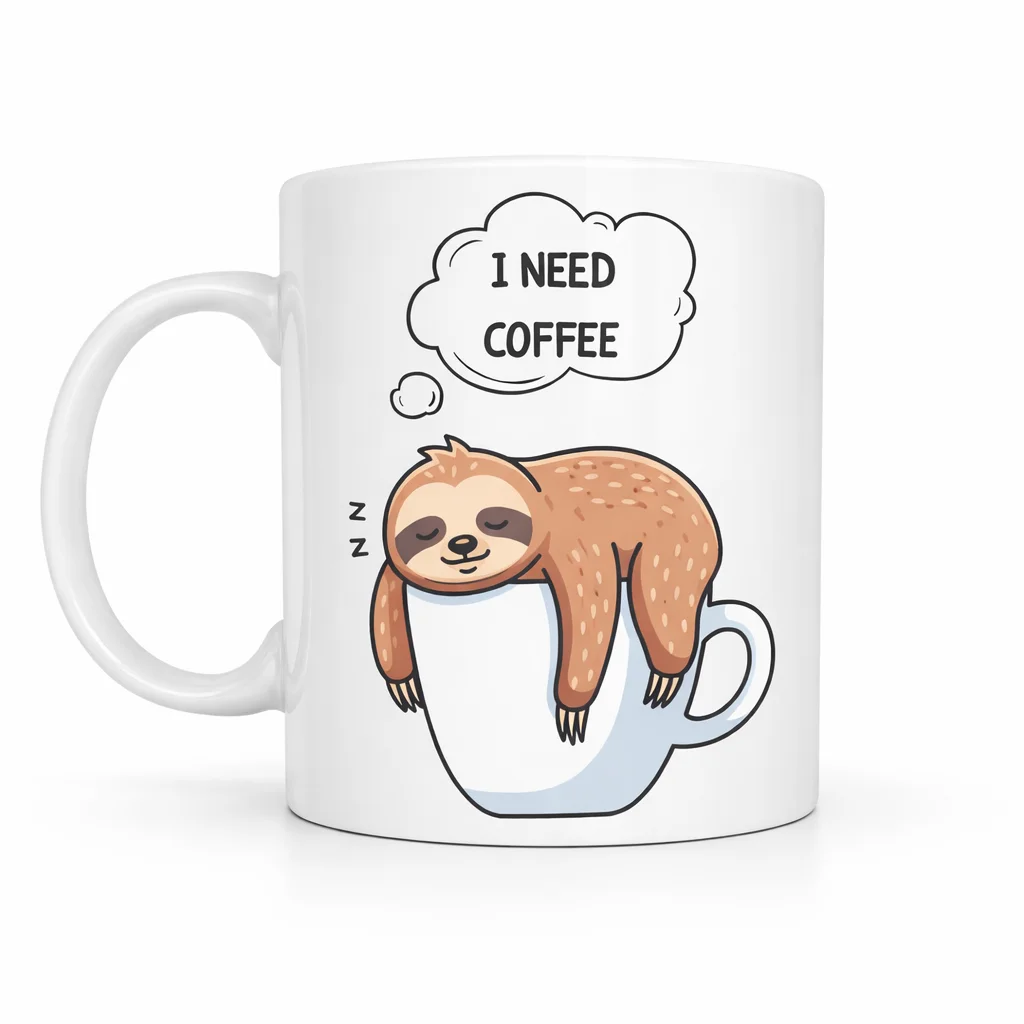 I Need Coffee Yazılı Tembel Hayvan Tasarımlı Kupa Model 236 Komik Seramik Kahve Kupası