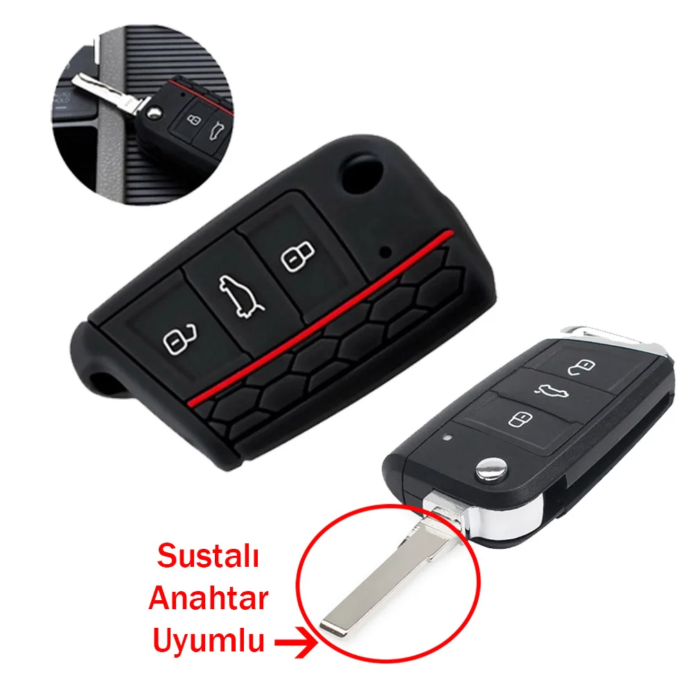 Seat Ibiza Leon Ateca  Anahtar Uyumlu Silikon Oto Anahtar Kumanda Kabı Siyah Kırmızı