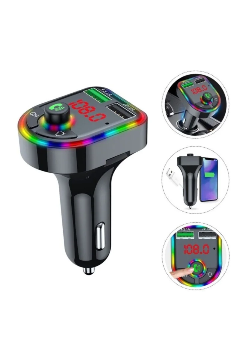 Car F6 RGB Bluetooth Araç Kiti FM Transmitter QC 3.1A Type-C Usb Şarj 12-24V